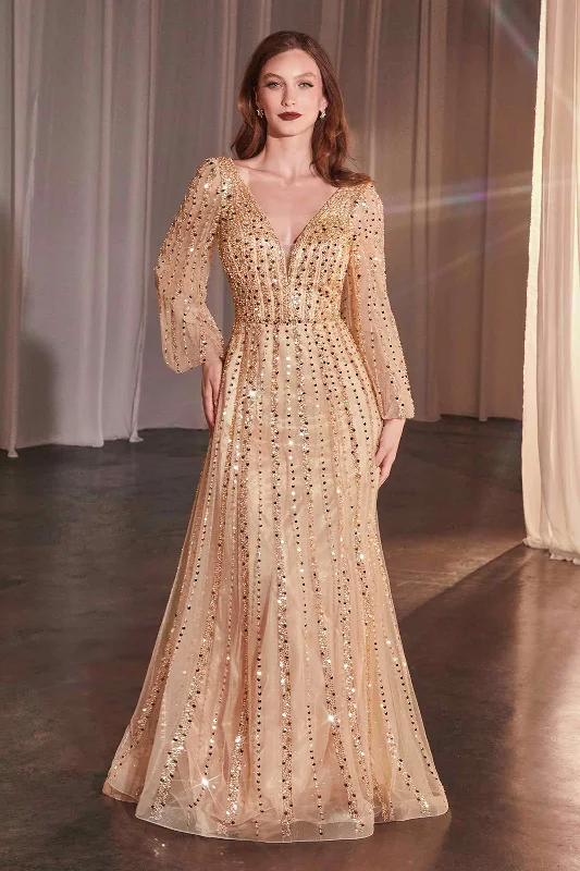 Ladivine CD0240 Dress Long Sleeve A-Line Beaded Gown