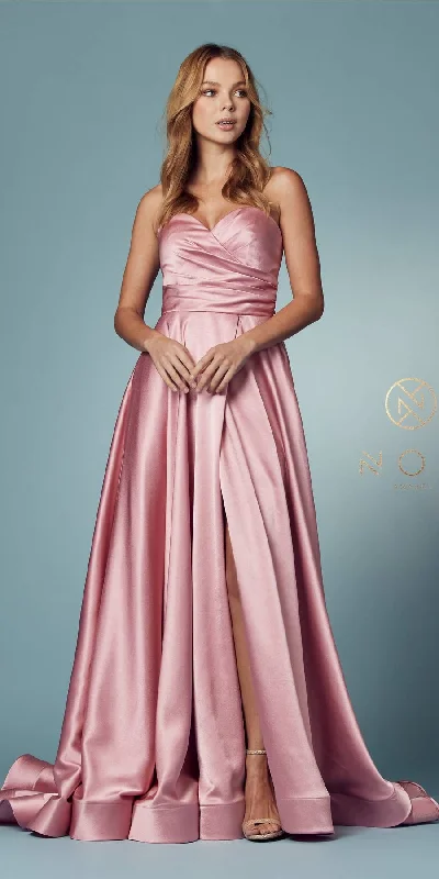 Nox Anabel R1036 Long A-Line Satin Gown with Pockets Sweetheart Neckline