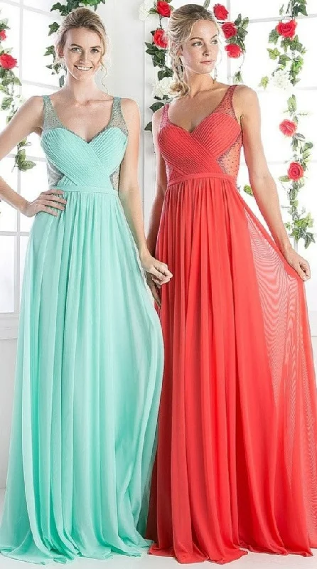 Cinderella Divine 5061 Sheer Beaded Strap Flowy Evening Dress