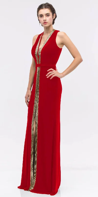 Eureka 6030 Plunging Neck Sleeveless Fit and Flare Evening Gown