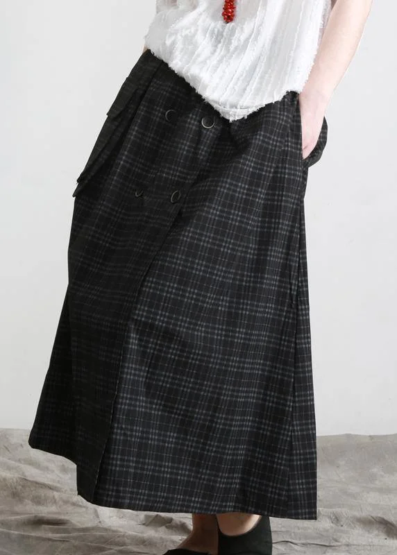 Bohemian Black Plaid Button Pockets Summer Cotton Skirts