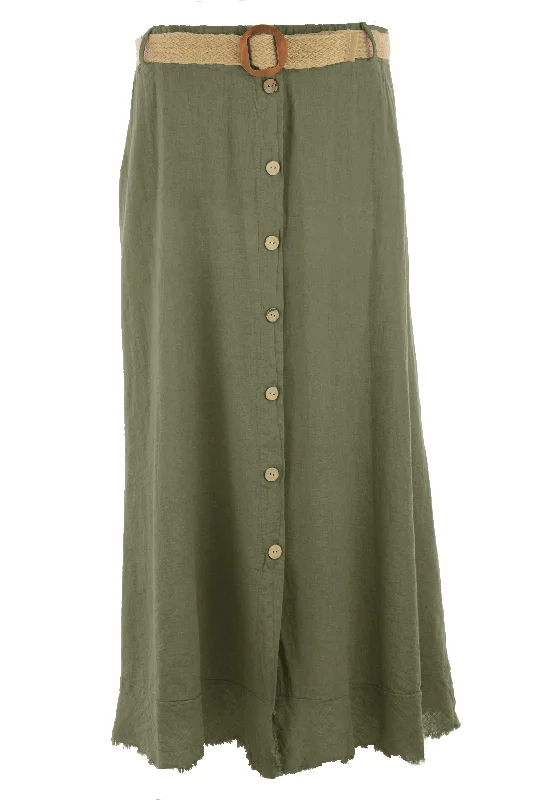 Button Detail Belted Linen Skirt