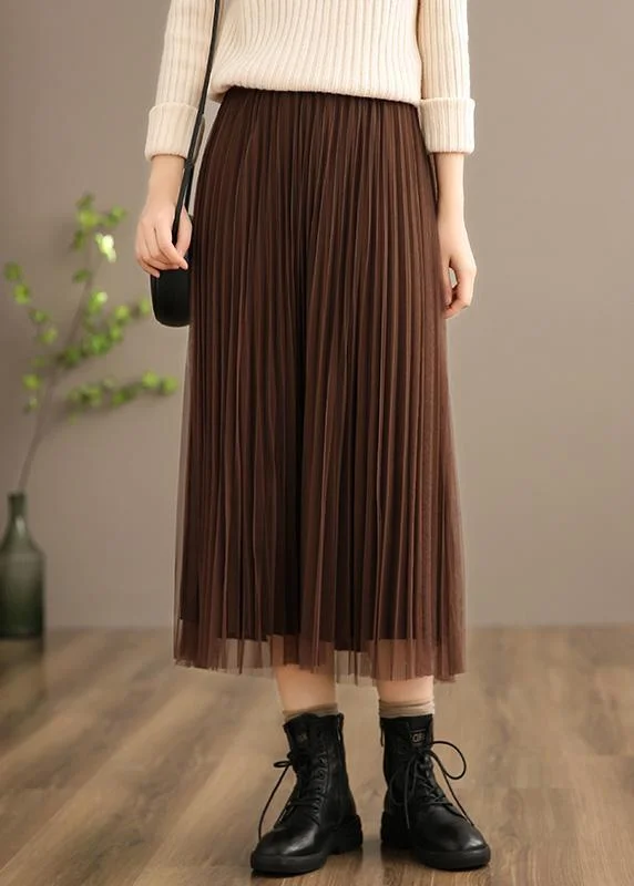 Chic Elastic Waist Pleated Skirt Spring Quilting Chocolate Kaftan Skirt