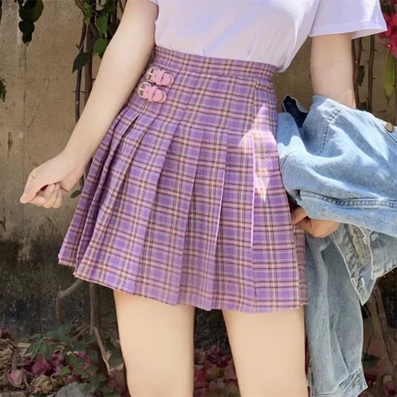 High-waisted  Plaid Pleated Skirt  With Two Buckle