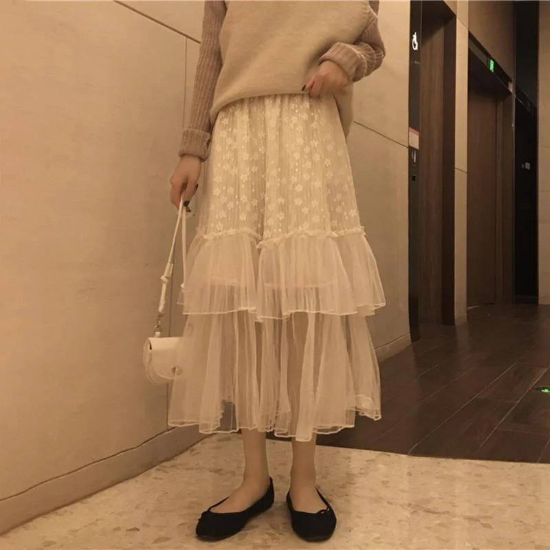 Kawaii Lace Purfle Stitching Net Yarn Skirt