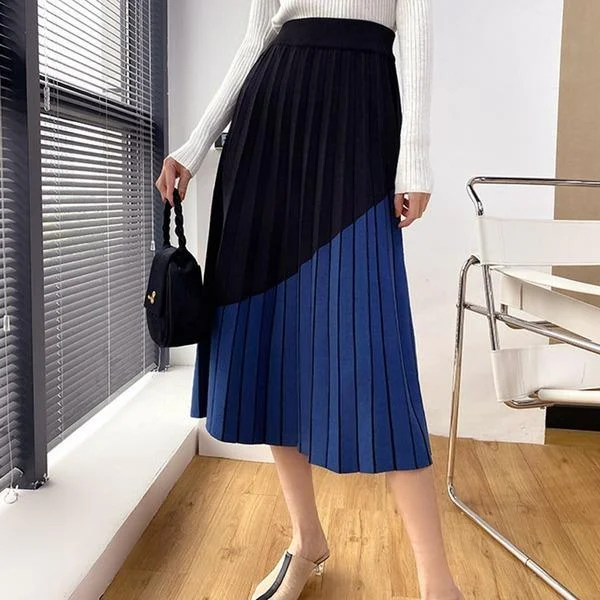 Patchwork Casual Pleated Skirt New Empire Waist A Line Korean Style Elegant Loose