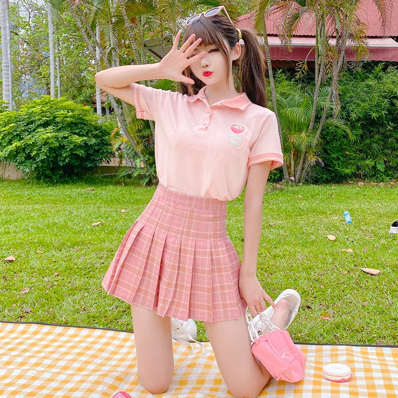 Pink T-shirt + pleated skirt two-piece set  PL52282