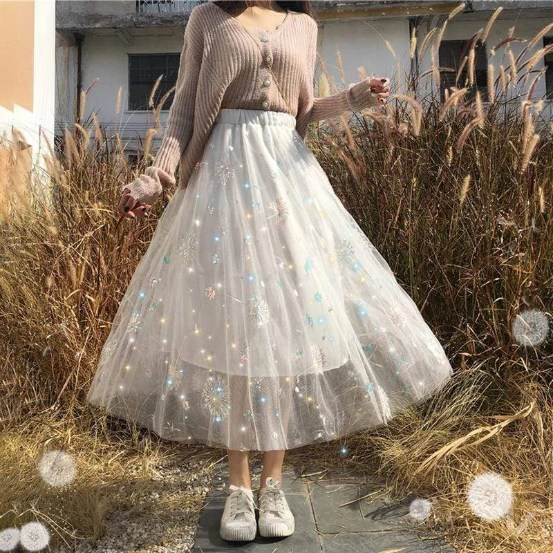 Women's Dandelion Embroidered Multi-layered Skirt