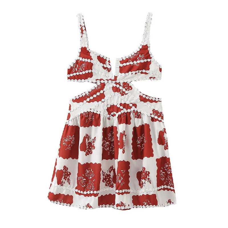 Znbbw Summer Print Hollowed-Out Suspender A-Shaped Skirt Dress