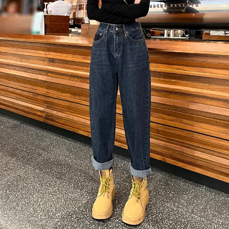 NiDELL Contrast Color High Waist Design Straight Jeans for Women . Early Spring New Loose Retro Ankle-Length Dad Pants