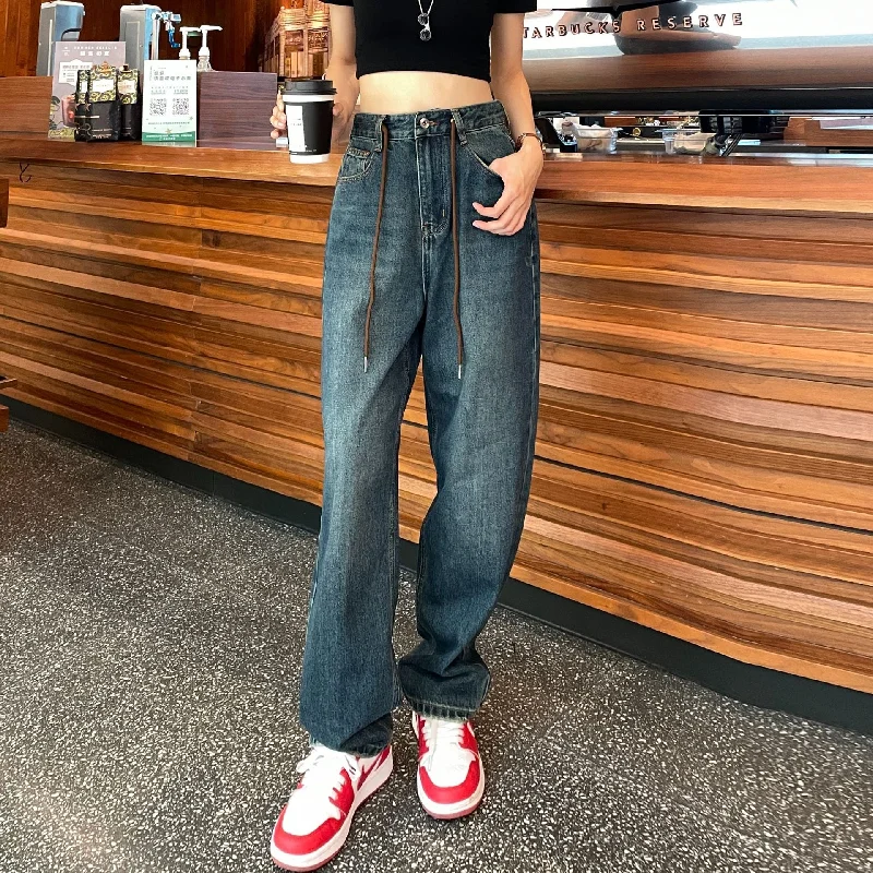 NiDELL Drawstring High Waist Slimming and Wide Leg Straight Jeans Women's Design Sense . Autumn New Loose Mop Pants