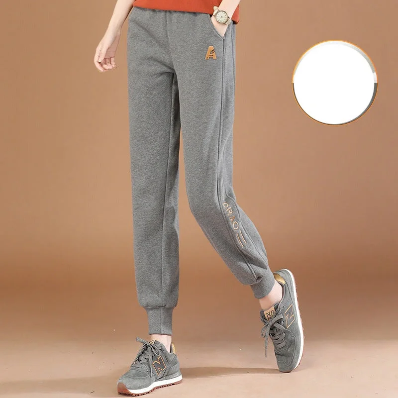 NiDELL Elastic High Waist Embroidery Velvet Sports Pants Female . New Winter Clothes Versatile Casual Sweatpants Thick Pt0028