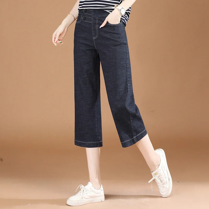 NiDELL Elastic High Waist Slimming Wide Leg Cropped Jeans for Women . Summer New All-Matching Straight Pants Pt1089