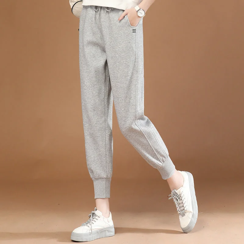 NiDELL Elastic Waist Ankle-Tied Cropped Harlan Casual Sports Pants Female . Spring Clothing New Gray Sweatpants Pt1335