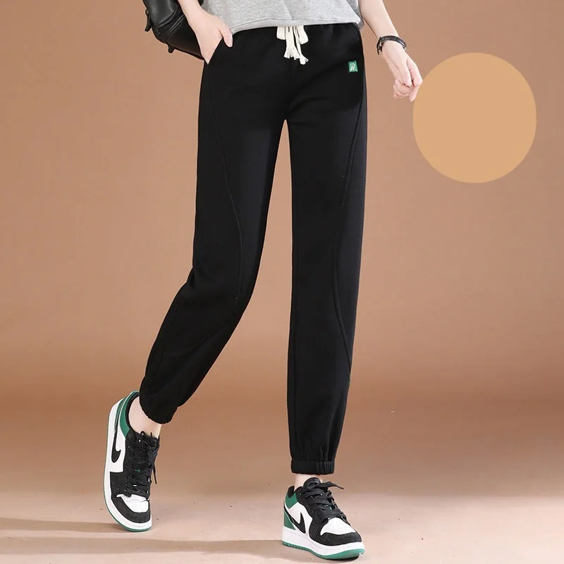 NiDELL Elastic Waist Ankle-Tied Sports Pants Female . New Winter Clothes Black plus Velvet Loose Sweatpants Casual Pants Pt0819