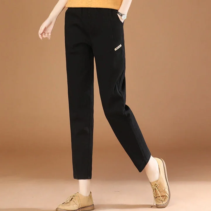 NiDELL Elastic Waist Black Fleece Thick Casual Pants for Women . New Winter Clothes All-Matching Loose-Fitting Slimming Pants Pt2322