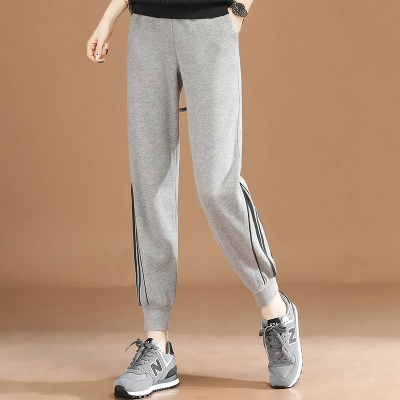 NiDELL Elastic Waist Black Striped Casual Pants for Women . New Autumn Versatile Sports Ankle-Tied Fashion Pt9648