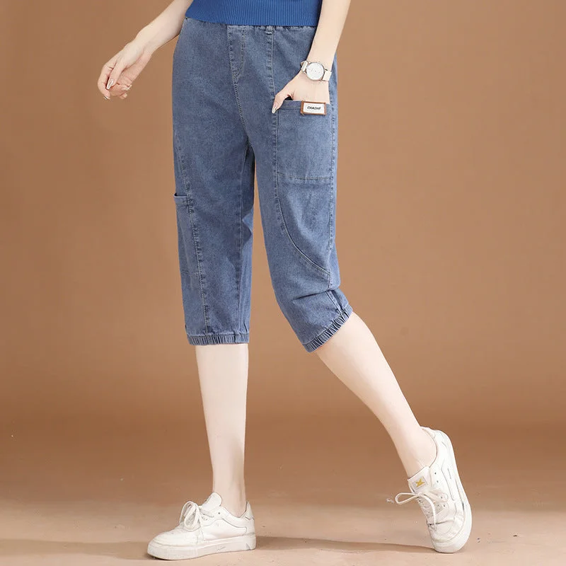 NiDELL Elastic Waist Casual Cropped Jeans for Women . Summer New Korean Style Slimming Harem Pants Thin Pt0816