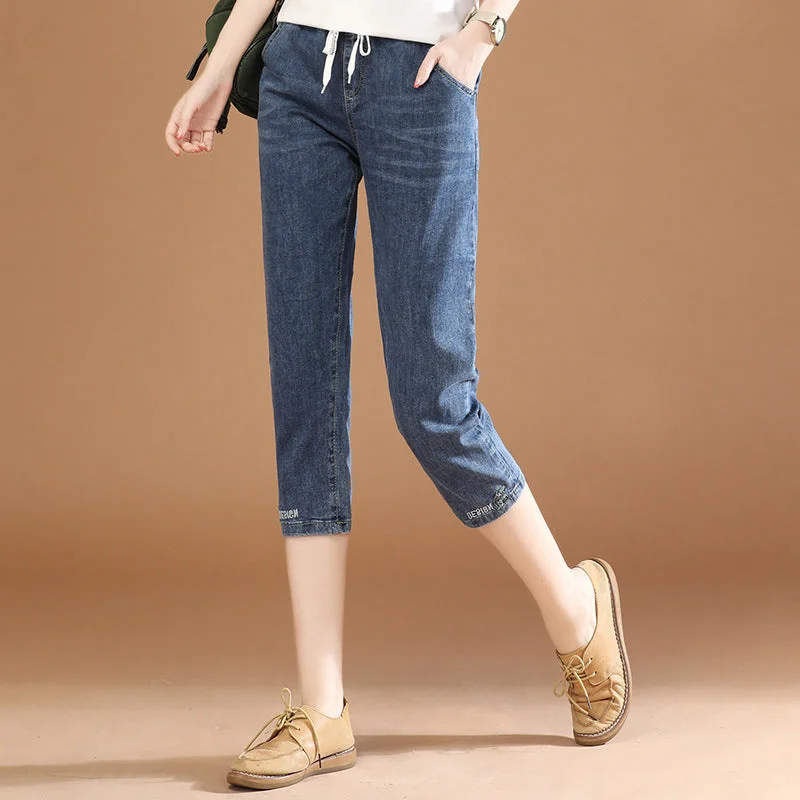 NiDELL Elastic Waist Casual Cropped Jeans for Women . Summer New Slim Fit Slimming Ankle-Tied Harem Pants Pt0043