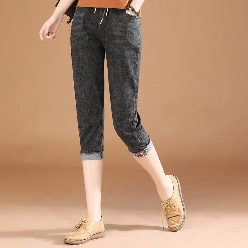 NiDELL Elastic Waist Casual Cropped Jeans for Women . Summer New Slim Fit Slimming Harem Pants Thin Pt0365