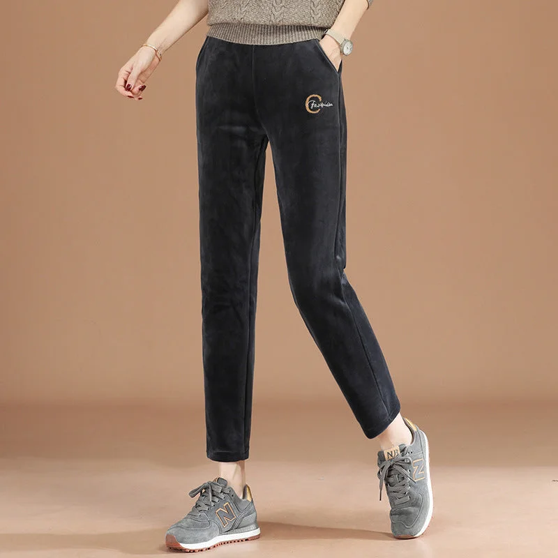 NiDELL Elastic Waist Corduroy Casual Pants Women . New Winter Clothes plus Velvet Thickening Embroidery Harem Pants Pt0049