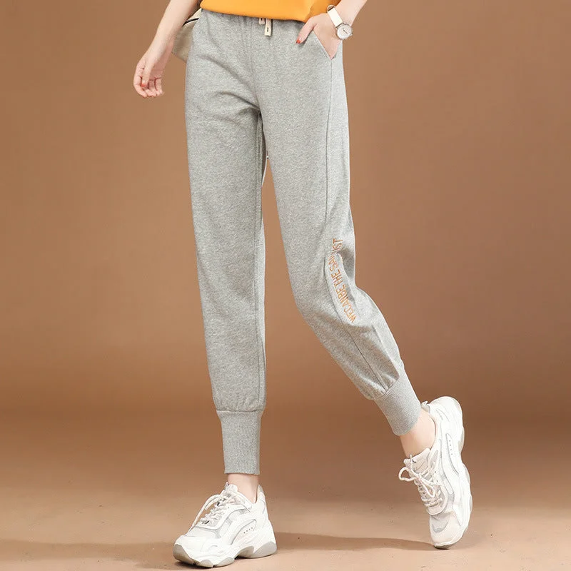 NiDELL Elastic Waist Embroidered Ankle-Tied Harem Casual Pants for Women . Spring New Slimming Sports Pants Thin Pt0322