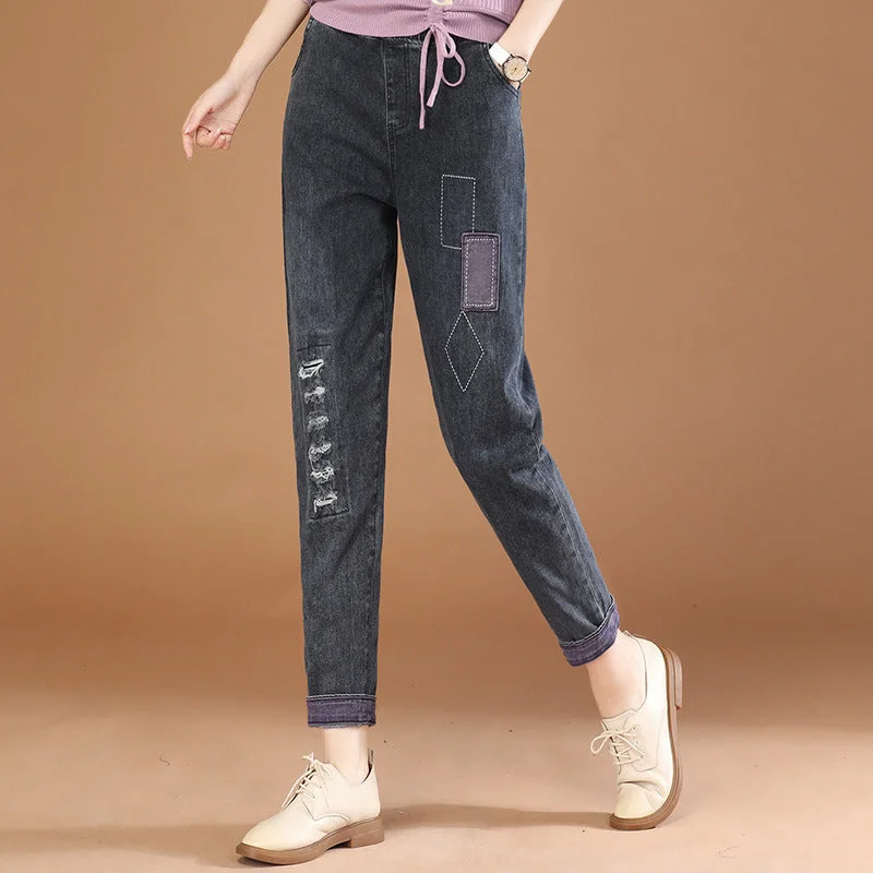 NiDELL Elastic Waist Embroidered Casual Jeans for Women . Autumn New Retro Loose All-Matching Harem Pants Pt0449