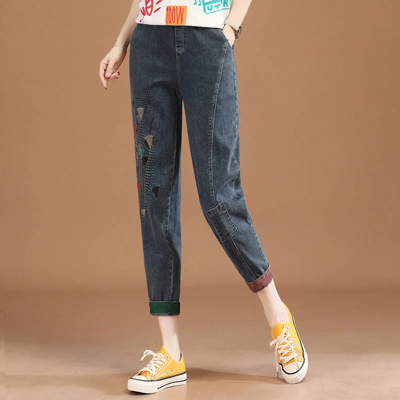 NiDELL Elastic Waist Embroidered Cropped Jeans for Women . Spring New Korean Style Versatile Casual Harem Pants Pt2051