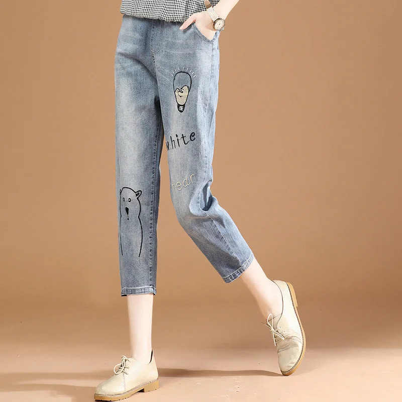 NiDELL Elastic Waist Embroidered Cropped Jeans Women's Summer Thin . New Versatile Casual Harem Pants Pt9210