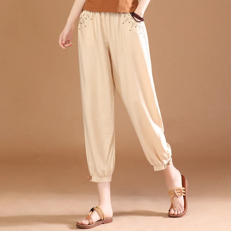 NiDELL Elastic Waist Embroidered Ethnic Style Cropped Casual Pants Women's Summer . New Loose Harem Pants Thin Pt0226