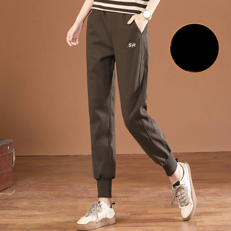 NiDELL Elastic Waist Embroidered Woolen Fleece-Lined Track Pants Women . New Winter Clothes All-Matching Ankle-Tied Sweatpants Women Pt0104