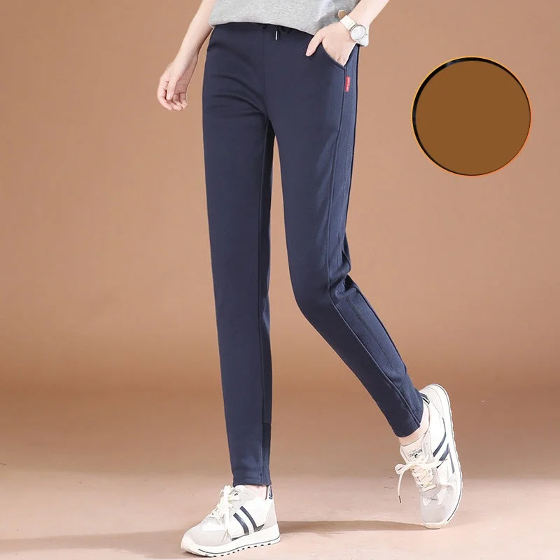 NiDELL Elastic Waist Fleece-Lined Track Pants Women . New Winter Clothes All-Matching Casual Pants Black Sweatpants Thick Pt0640