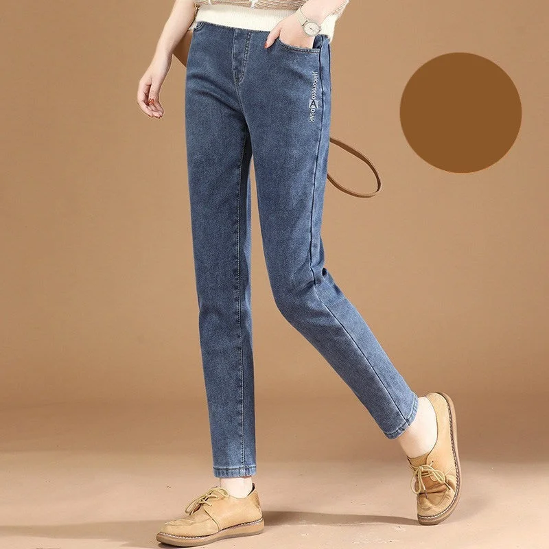 NiDELL Elastic Waist Fleece Padded Jeans Women . New Winter Clothes Embroidery Thickening Korean Style Casual Pants Tide Pt8796