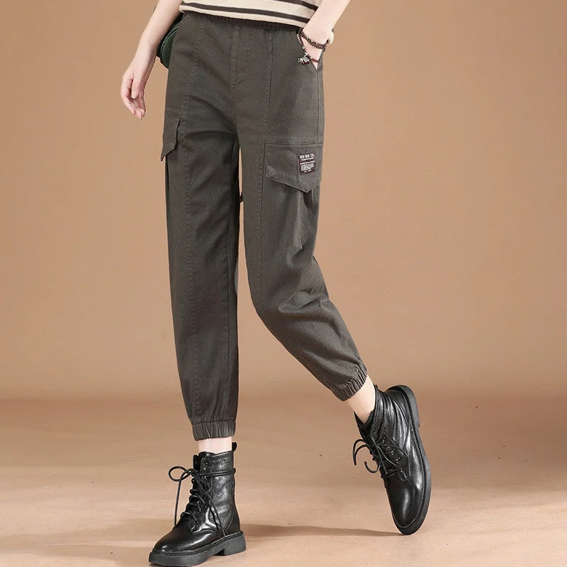 NiDELL Elastic Waist High Waist Tooling Pants Women's . Spring New Loose Korean Style Ankle Tied Cropped Casual Pants Trendy Pt5878