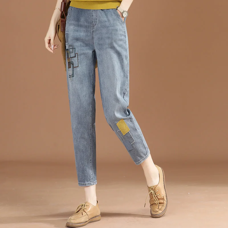 NiDELL Elastic Waist Jeans for Women . Summer New Loose Trendy Embroidered Slim-Fit Harem Pants Thin Pt8549