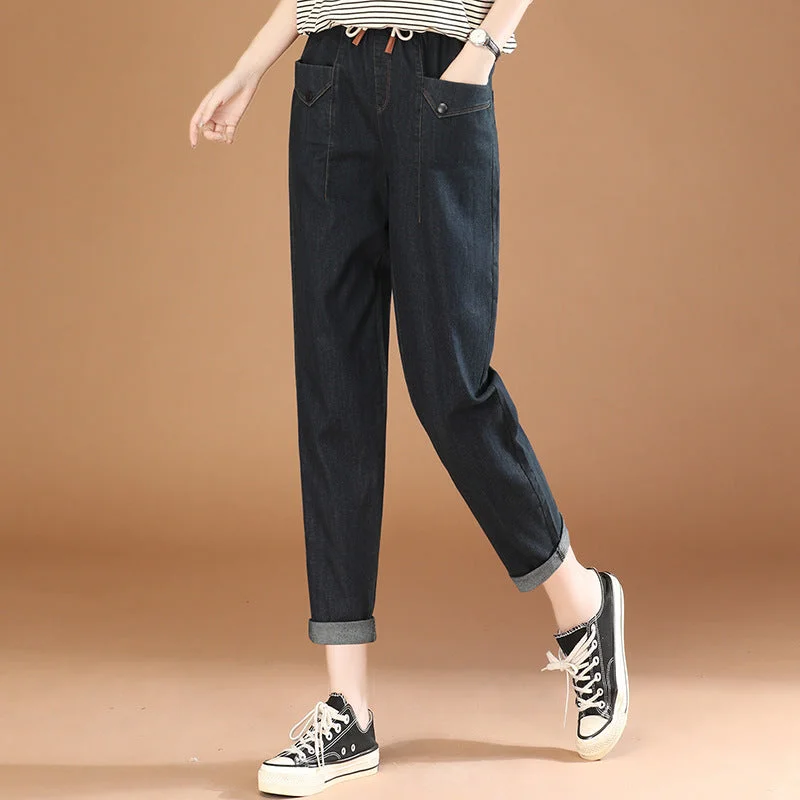 NiDELL Elastic Waist Loose Casual Jeans for Women . Autumn New Retro Easy Matching Slimming Harem Pants Pt1494