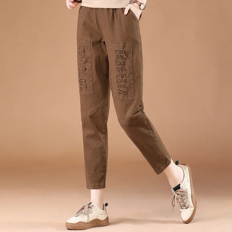 NiDELL Elastic Waist Stitching Ripped Casual Pants for Women . Spring and Summer New Loose Slimming Harem Pants Pt0798