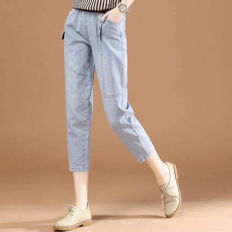 NiDELL Elastic Waist Women's Jeans . Summer New Washed Light Blue Loose Capri Harem Pants Pt5683