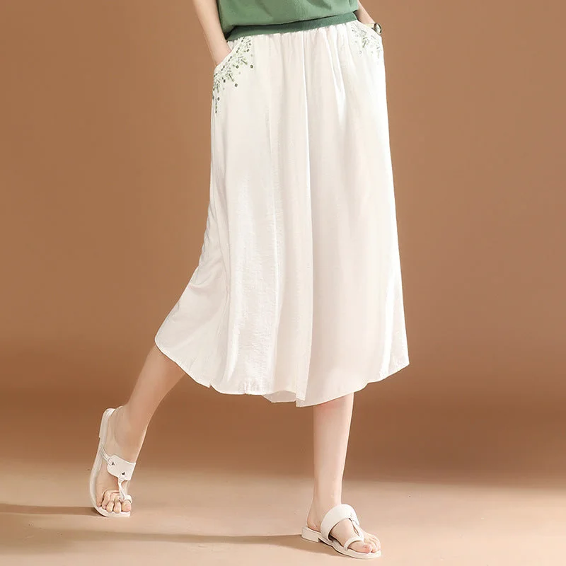 NiDELL Ethnic Style Embroidered Elastic Waist Cropped Culottes Women's . Summer New Design Sense White Casual Pants Pt0237