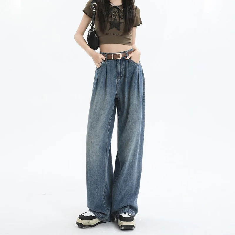 NiDELL High Waist Straight Jeans Women's Summer Thin . New Loose Slimming Drooping Wide Leg Mop Pants Tide