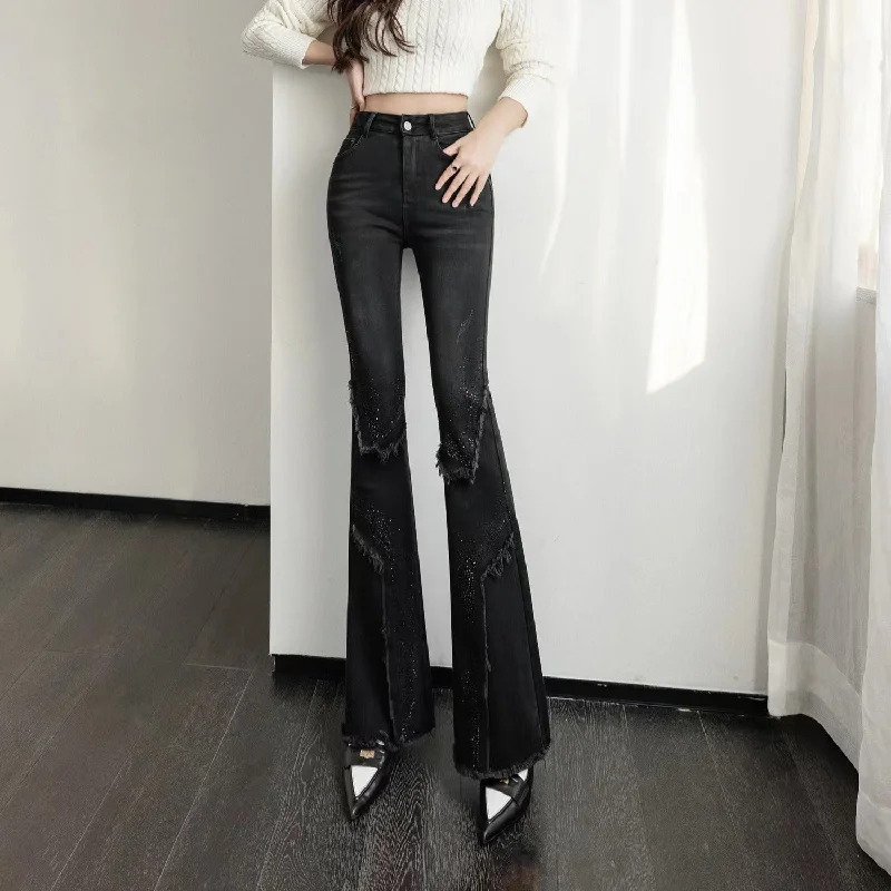 NiDELL High Waist Stretch Slightly Flared Jeans Women's Fall . New Slim Slimming and Fashionable Temperament Bootleg Pants