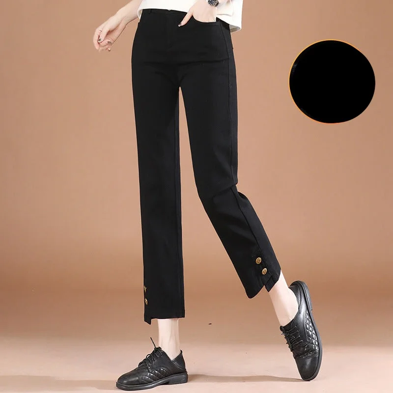 NiDELL High Waist Velvet Padded Straight Casual Pants for Women . New Winter Clothes Versatile Split Skinny Suit Pants for Women Pt0773