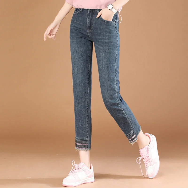 NiDELL Hong Kong Style High Waist Embroidered Cropped Straight Jeans for Women . Autumn New Small Cigarette Pants Pt0383