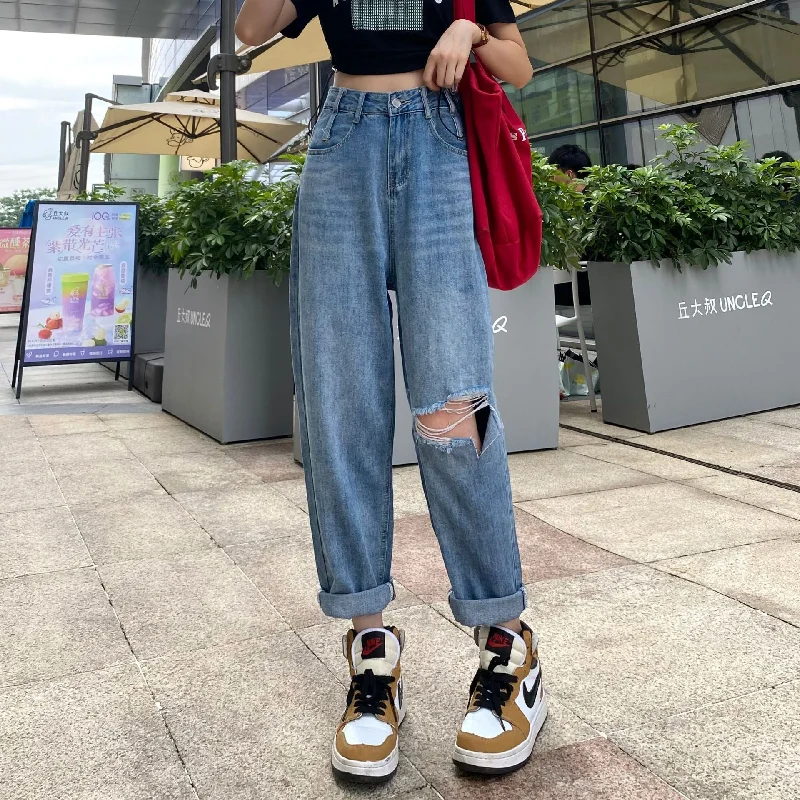 NiDELL Hong Kong Style Ripped Jeans for Women . Spring and Summer New Loose Slimming Tappered Harem Pants Cropped High Waist Dad Jeans