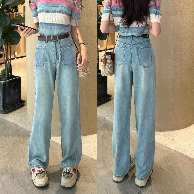 NiDELL Light Blue Washed Pocket Jeans for Women . Summer New Korean Style Fashion Retro All-Match Slimming Straight Pants