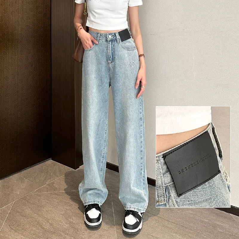 NiDELL Light-Colored Jeans Women's Summer New Design Sense Letters Chic Loose Wide Leg Pants Trendy Straight Mopping Pants