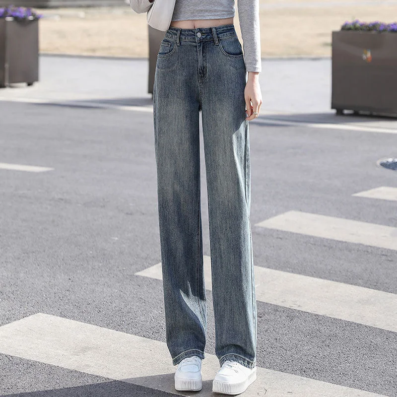 NiDELL Retro Blue High Waist Wide Leg Jeans for Women . Autumn New Simple Loose Figure Flattering Straight Wide Leg Pants