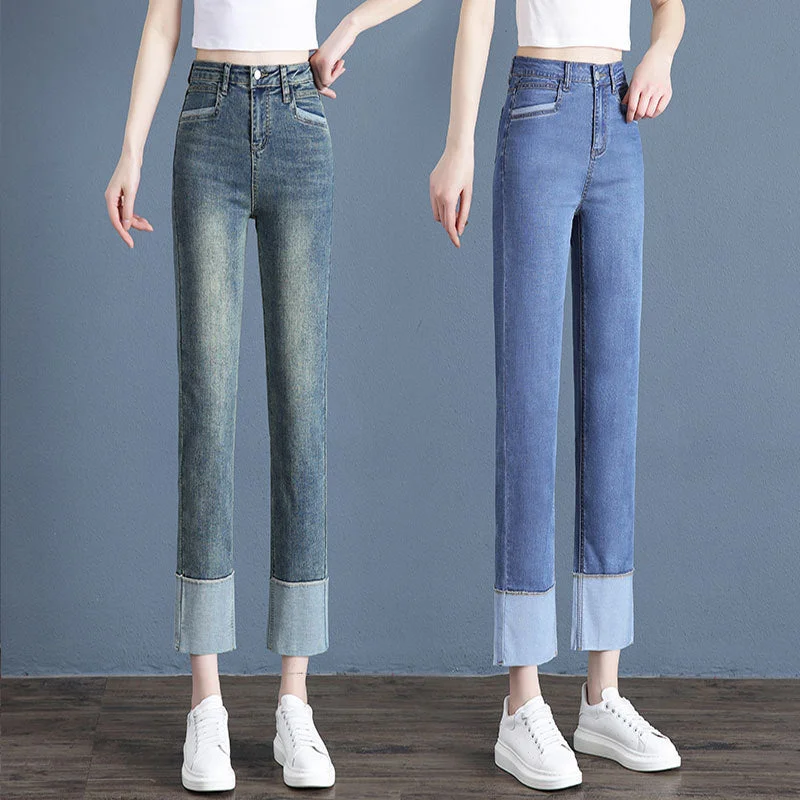 NiDELL Retro Blue Straight Jeans for Women Spring and Autumn New High Waist Slimming Cropped Pants Denim Cigarette Pants Women's Stretch