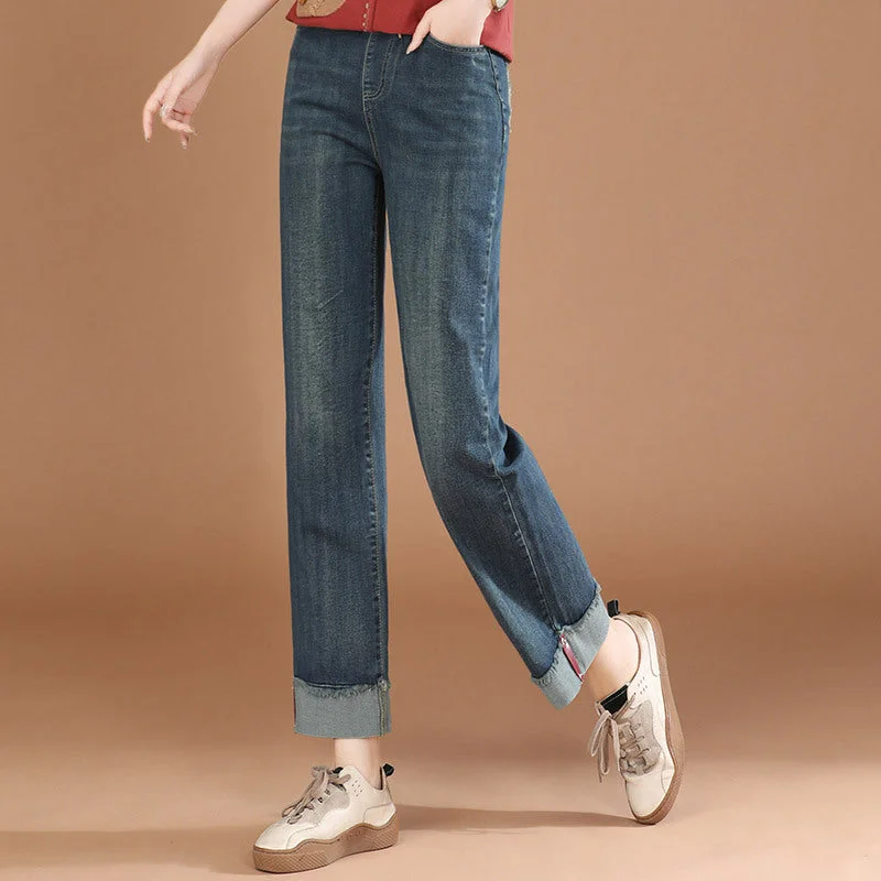 NiDELL Retro Elastic Waist Curling Wide-Leg Jeans for Women . Autumn New Hong Kong Style Loose Straight Pants Pt0340