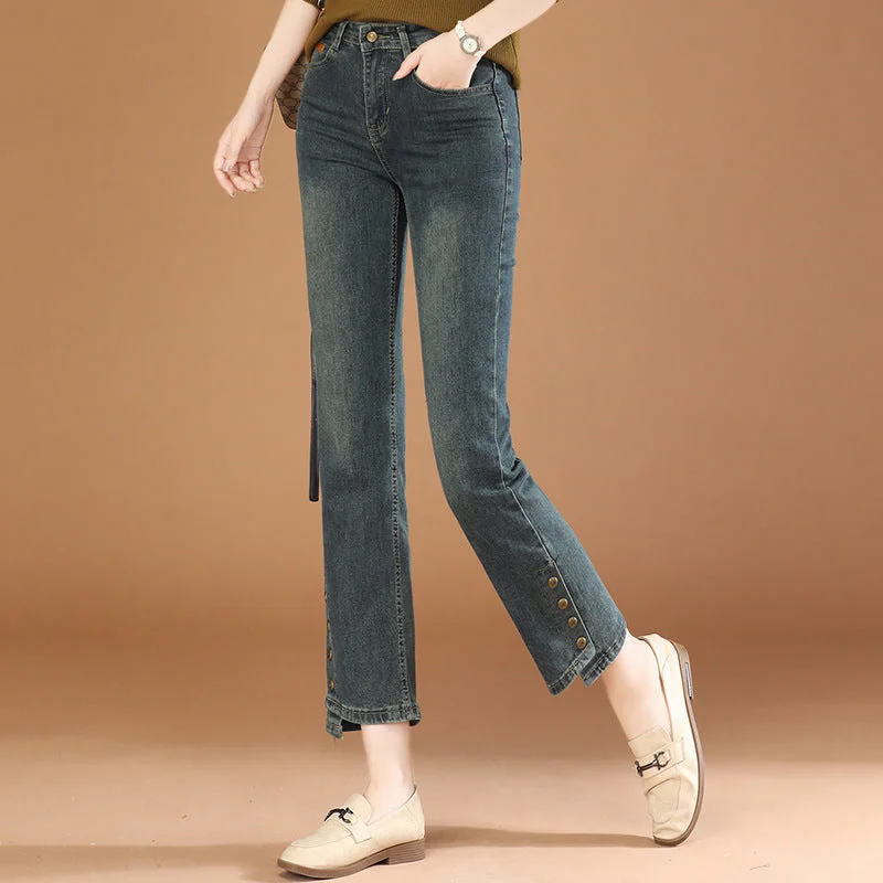 NiDELL Retro Hong Kong Style Casual Slim-Fit Figure Flattering Straight Jeans for Women . Autumn New Slim-Fit Cigarette Pants Pt0085